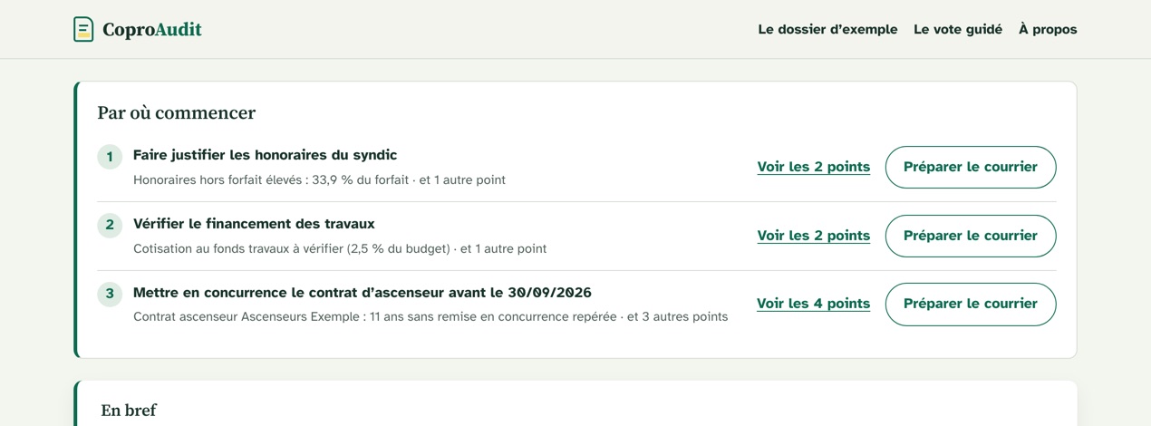 Interface de CoproAudit : les trois actions par où commencer, dans un dossier d’exemple